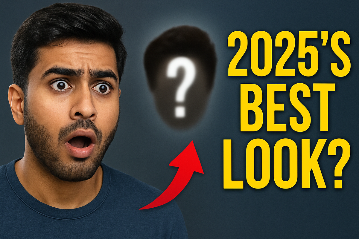 A surprised young Indian man looking at a blurred mystery hairstyle with a question mark, alongside text saying “2025’s Best Look?”, highlighting the latest human hair patch and best hair patch solutions in Mumbai for 2025.