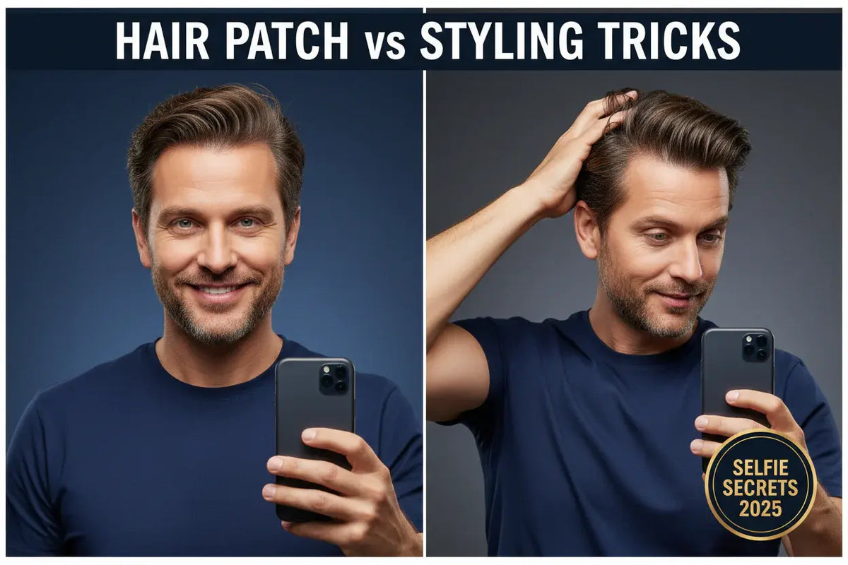 “Side-by-side comparison of a man using a natural human hair patch versus basic styling tricks, showing fuller hair and better selfie results with a hair patch, highlighting non-surgical hair replacement benefits in 2025.”