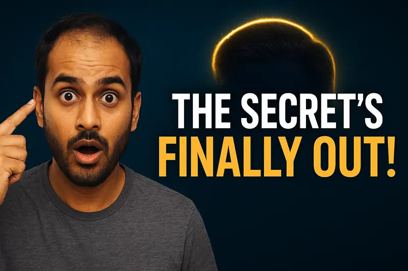 Surprised man pointing at his thinning hairline beside bold text that reads “The Secret’s Finally Out!” with a glowing silhouette of a fuller hairstyle in the background.