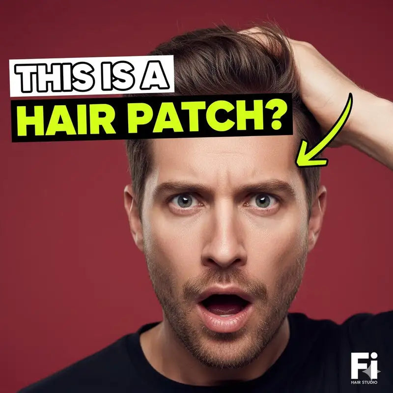 “Surprised man touching his natural-looking human hair patch with text ‘This is a Hair Patch?’ showcasing realistic non-surgical hair replacement results by Fi Hair Studio.”